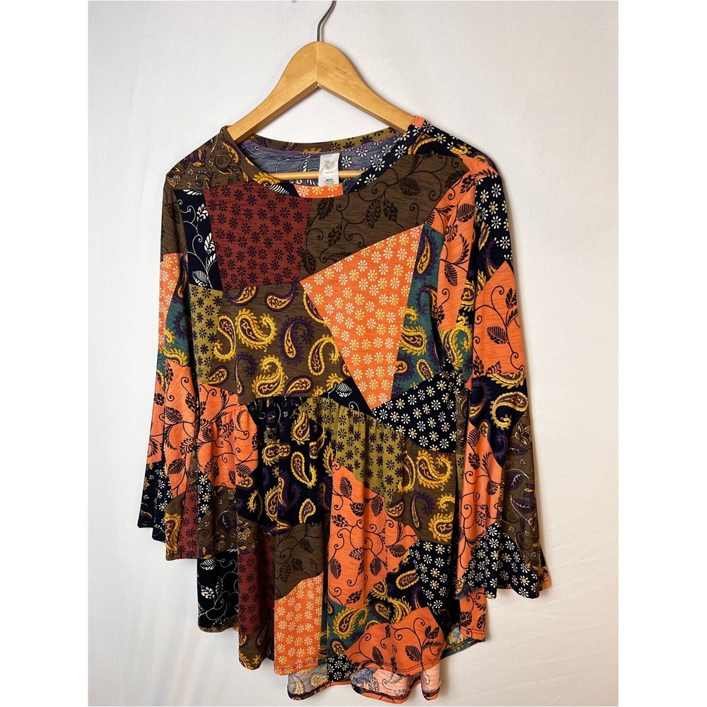 VTG Women's‎ Patchwork Print Bell-Sleeve Top Orange Multicolor Large